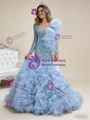 Light Blue Mermaid Tulle Beading Prom Dress