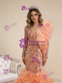 Orange Tulle Beading Sequins Long Sleeve Prom Dress