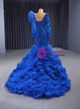 Blue Mermaid Tulle Beading Long Sleeve Prom Dress