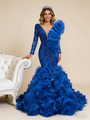 Blue Mermaid Tulle Beading Long Sleeve Prom Dress