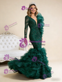 Dark Green Long Sleeve Mermaid Tulle Beading Prom Dress