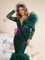 Dark Green Long Sleeve Mermaid Tulle Beading Prom Dress
