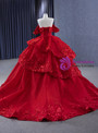Ball Gown Red Tulle 3D Appliques Prom Dress