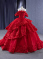 Ball Gown Red Tulle 3D Appliques Prom Dress
