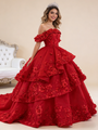 Ball Gown Red Tulle 3D Appliques Prom Dress