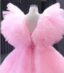 Pink Tulle Hi Lo V-neck Princess Prom Dress