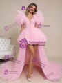 Pink Tulle Hi Lo V-neck Princess Prom Dress