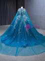 Blue Tulle Sequins Pink 3D Appliques Prom Dress