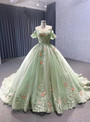 Green Tulle 3D Flower Off the Shoulder Prom Dress With Train