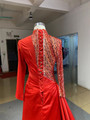 Red Satin Sequins Long Sleeve Pleats Prom Dress