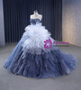Blue Tulle Sequins Prom Dress With Detachable Puff Tulle