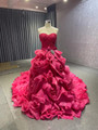 Fuchsia Ball Gown Strapless Pleats Prom Dres With Long Train