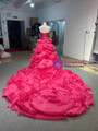 Fuchsia Ball Gown Strapless Pleats Prom Dres With Long Train