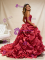 Fuchsia Ball Gown Strapless Pleats Prom Dres With Long Train