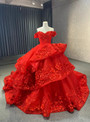 Red Tulle Off the Shoulder 3D Appliques Prom Dress