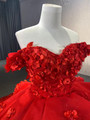 Red Tulle Off the Shoulder 3D Appliques Prom Dress