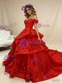 Red Tulle Off the Shoulder 3D Appliques Prom Dress