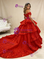 Red Tulle Off the Shoulder 3D Appliques Prom Dress