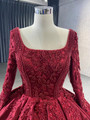 Burgundy Square Neck Satin Long Sleeve Appliques Pearls Prom Dress