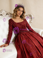 Burgundy Square Neck Satin Long Sleeve Appliques Pearls Prom Dress