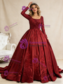 Burgundy Square Neck Satin Long Sleeve Appliques Pearls Prom Dress