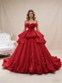 Red Tulle Strapless 3D Flower Prom Dress
