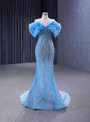 Blue Mermaid Tulle Sequins Beading Off the Shoulder Prom Dress