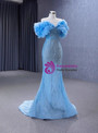 Blue Mermaid Tulle Sequins Beading Off the Shoulder Prom Dress