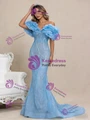 Blue Mermaid Tulle Sequins Beading Off the Shoulder Prom Dress