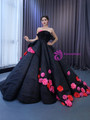 Black Sequins Ball Gown Strapless Flower Prom Dress
