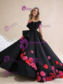Black Sequins Ball Gown Strapless Flower Prom Dress