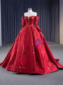 Red Satin Sequins Long Sleeve Prom Dress