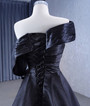 Black Satin Inclined Shoulder Pleats Ruffles Prom Dress