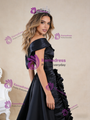 Black Satin Inclined Shoulder Pleats Ruffles Prom Dress