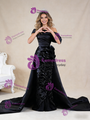 Black Satin Inclined Shoulder Pleats Ruffles Prom Dress