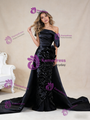Black Satin Inclined Shoulder Pleats Ruffles Prom Dress