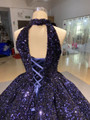 Navy Blue Green Sequins Halter Backless Prom Dress