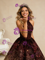 Burgundy Gold Sequins Backless Halter Prom Dress