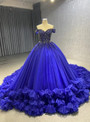 Royal Blue Ball Gown Tulle Off the Shoulder Beading Prom Dress