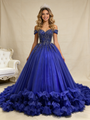 Royal Blue Ball Gown Tulle Off the Shoulder Beading Prom Dress