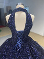 Navy Blue Gold Sequins Backless Halter Prom Dress