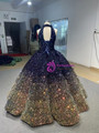 Navy Blue Gold Sequins Backless Halter Prom Dress