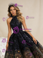 Navy Blue Gold Sequins Backless Halter Prom Dress