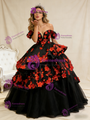 Fashion Black Tulle Red 3D Appliques Prom Dress