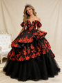 Fashion Black Tulle Red 3D Appliques Prom Dress