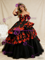 Fashion Black Tulle Red 3D Appliques Prom Dress
