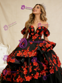 Fashion Black Tulle Red 3D Appliques Prom Dress