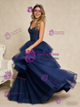 Navy Blue Tulle Tiers Beading Short Prom Dress