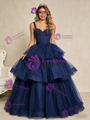 Navy Blue Tulle Tiers Beading Short Prom Dress
