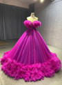 Ball Gown Fuchsia Pearls Tulle Prom Dress